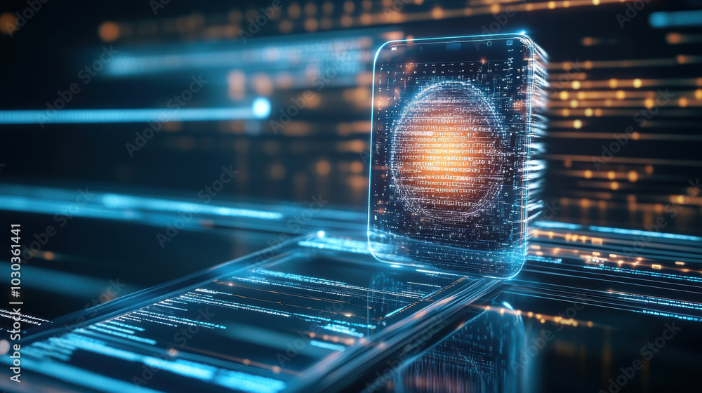 Poster smartphone with glowing shield hovering above, surrounded by digital data streams, represents advanc