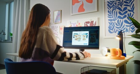 Back view of girl typing prompt in AI image generator using PC. Artificial intelligence software...