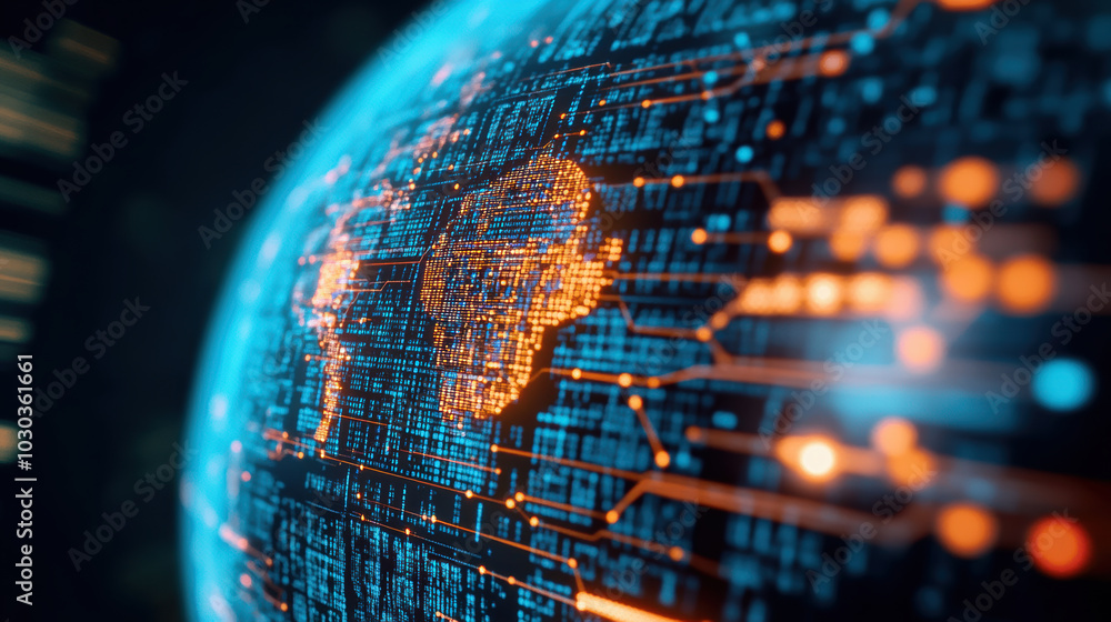 Poster glowing abstract globe featuring digital map of africa, interconnected with vibrant circuitry, symbo