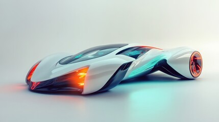 A concept car from the future with smooth, aerodynamic lines and neon accents, sitting on a white backdrop, highlighting advanced automotive technology