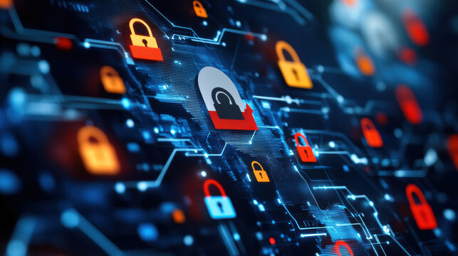 Digital locks and security icons are interconnected in network, symbolizing privacy and data protection. This conveys importance of safeguarding personal information in digital world