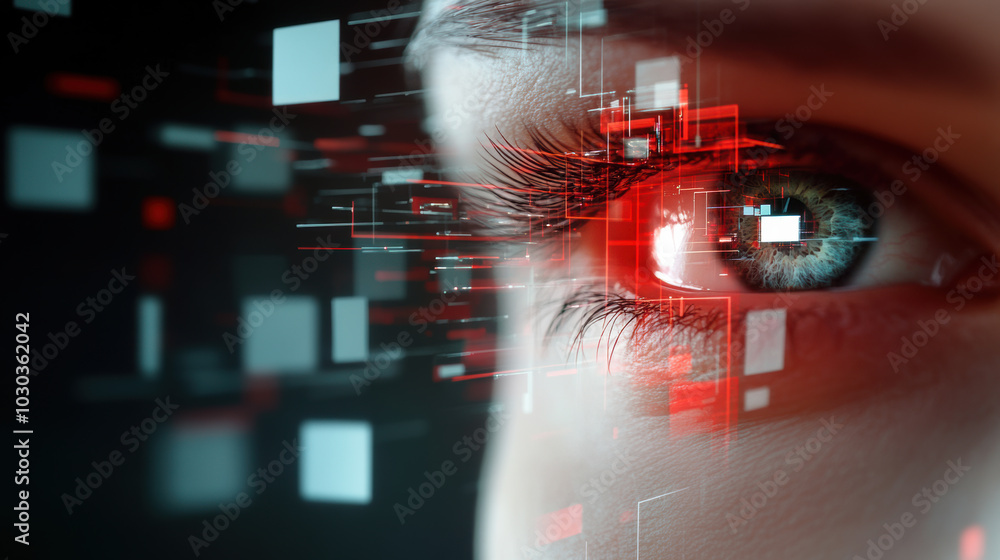 Poster eye peering through layers of digital privacy, surrounded by abstract data patterns and glowing elem