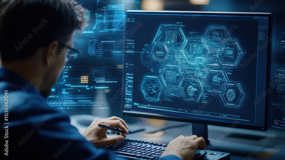 Poster focused office worker typing on computer, surrounded by digital data and graphics, showcases modern 