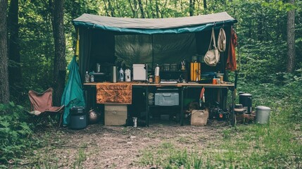Zero waste camping setup with innovative DIY solutions, upcycled materials, and handmade camping accessories