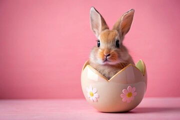 Obraz premium Wide-Angle cute bunny coming out of a decorated easter egg on a solid pink background