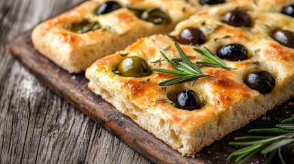 Obraz premium Close Up of Enticing Focaccia with Olives and Rosemary