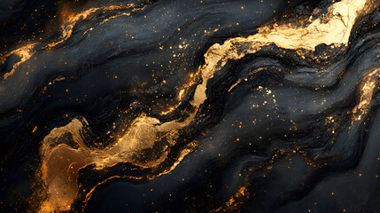 Elegant abstract black and gold swirls with a marble-like texture, featuring flowing metallic accents. Ideal for luxury designs, modern art, creative backgrounds, and visual branding projects