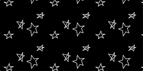 Simple Hand drawn star with white color and seamless pattern with various size type and variant that isolated in black background. For wallpaper use. 
