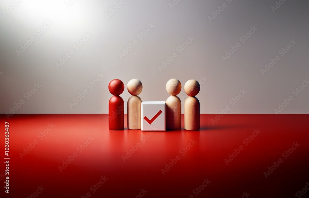 Poster five wooden figures stand in a row, one red and the rest are beige, in front of a white cube with a 