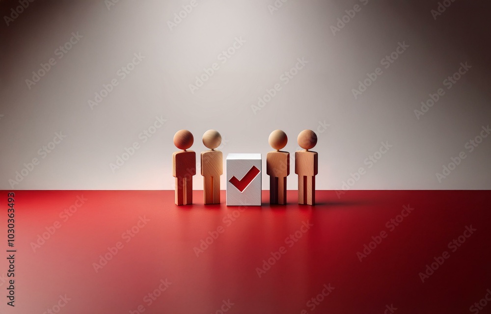 Poster four wooden figures stand on a red surface in front of a white cube with a red checkmark on it.