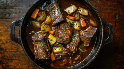 Overhead View of Beef Ribs in Rich Gravy