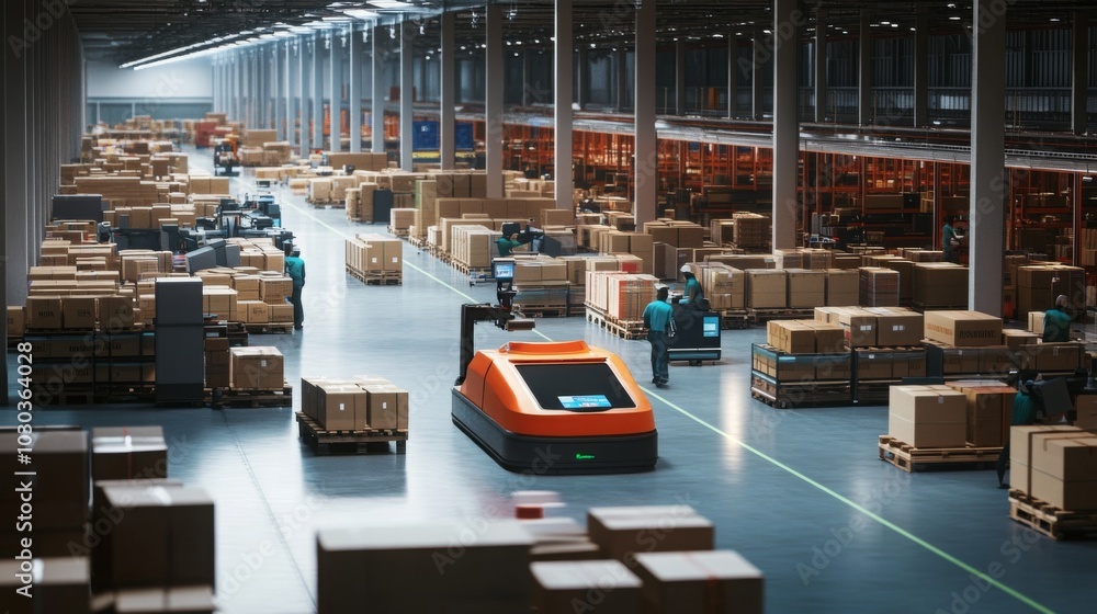 Poster in a modern warehouse, automated robots move amongst packed palettes, while workers assist in managi