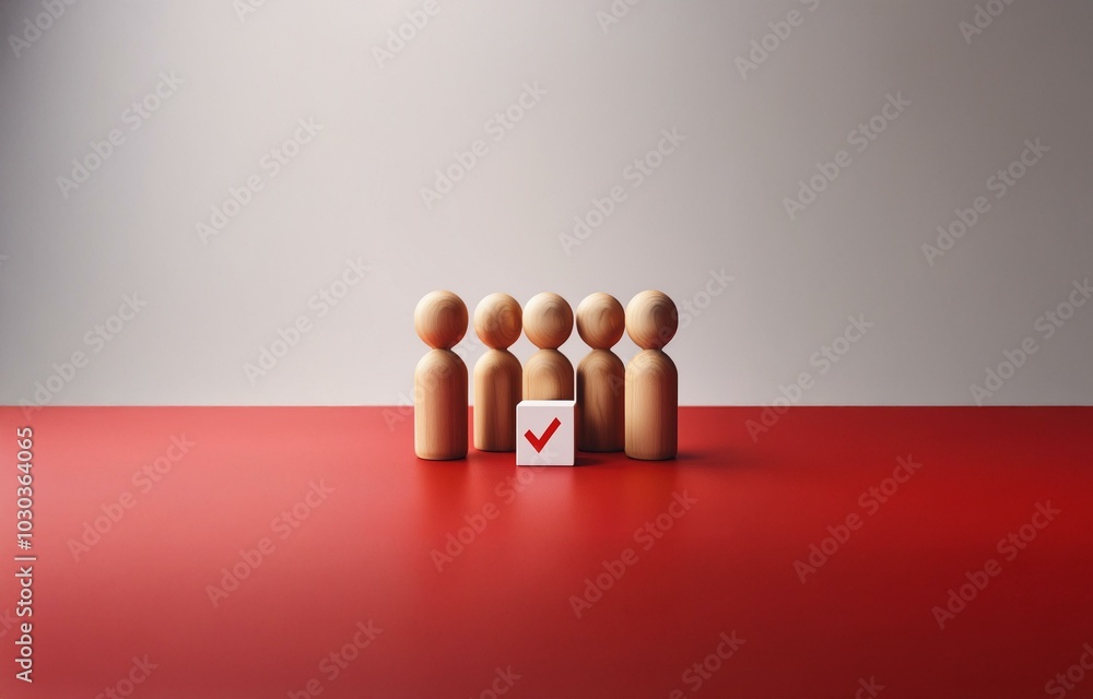 Poster a row of wooden figures stand on a red surface with a single white cube marked with a red checkmark 
