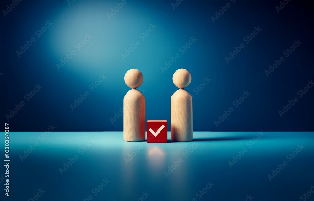 Poster two wooden figures stand on a blue surface with a red block containing a white checkmark between the