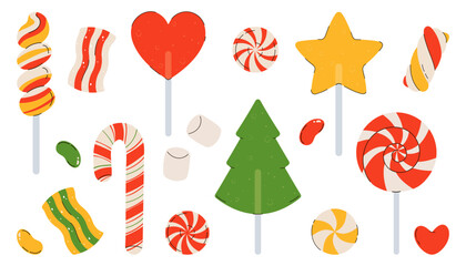 Christmas candy stickers. Vector cute set of Christmas  lollipops, candy, sweets, candy cane, marshmallow. Assorted striped and swirl caramel. Vector flat illustration isolated on white