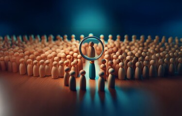Fototapeta premium A magnifying glass focuses on a single wooden figure amongst a crowd.