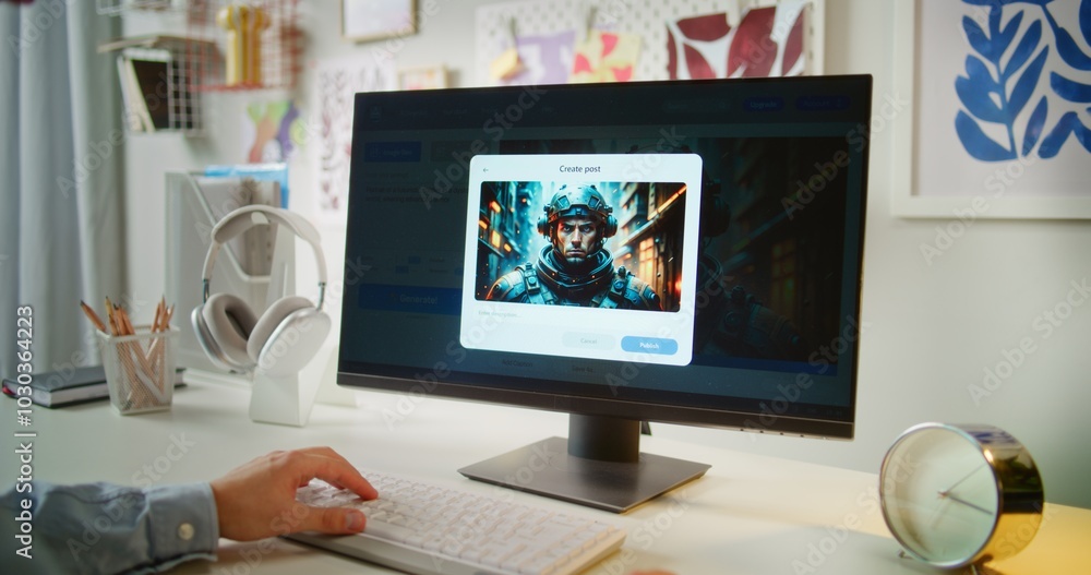 Poster dolly shot of man typing prompt in ai image generator on computer. pc screen shows artificial intell
