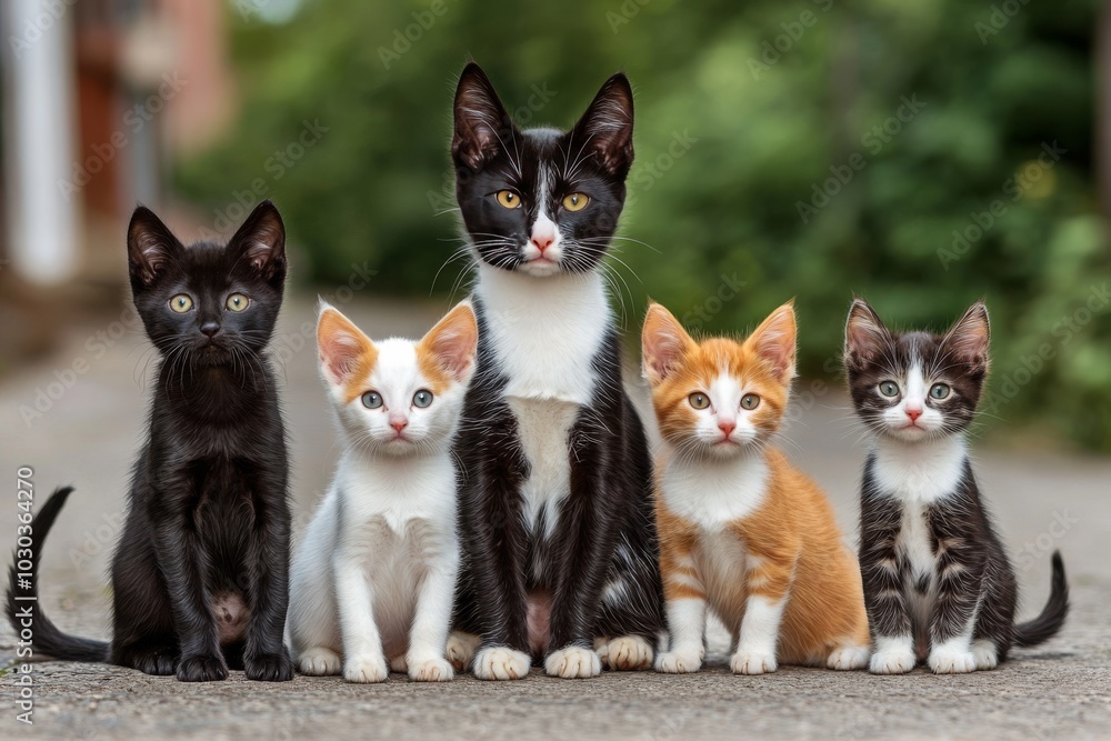 Poster five kittens standing together on a path their colorful fur patterns creating a vibrant playful scen