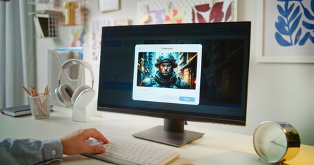 Dolly shot of man typing prompt in AI image generator on computer. PC screen shows artificial intelligence generating detailed photo of futuristic soldier. Online text to image app. Generative art.