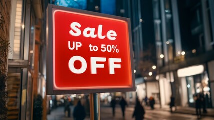 Bright sale sign promoting discounts in a city environment at night.