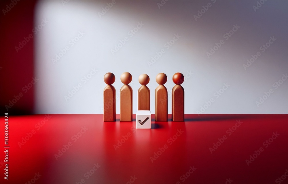 Poster a red surface and white background with wooden figurines standing in a line. one figurine is a diffe