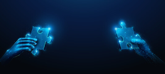 Abstract illustration of two hands holding puzzle pieces approaching in low poly style. Blue geometric background depicting synergy partnership and business teamwork concept by wireframe mesh