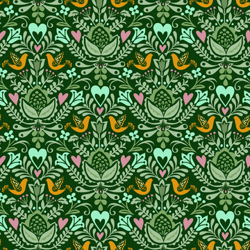 The Birds Leafs and Flowers Seamless Pattern