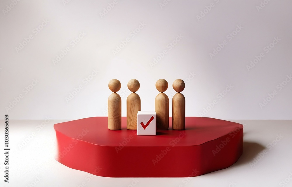 Poster four wooden figures stand on a red platform. a white cube with a red checkmark is in front of them.