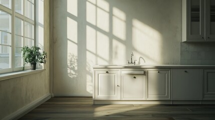 A well-appointed kitchen interior features a stylish cabinet, a modern sink, and a large window that brightens the space.