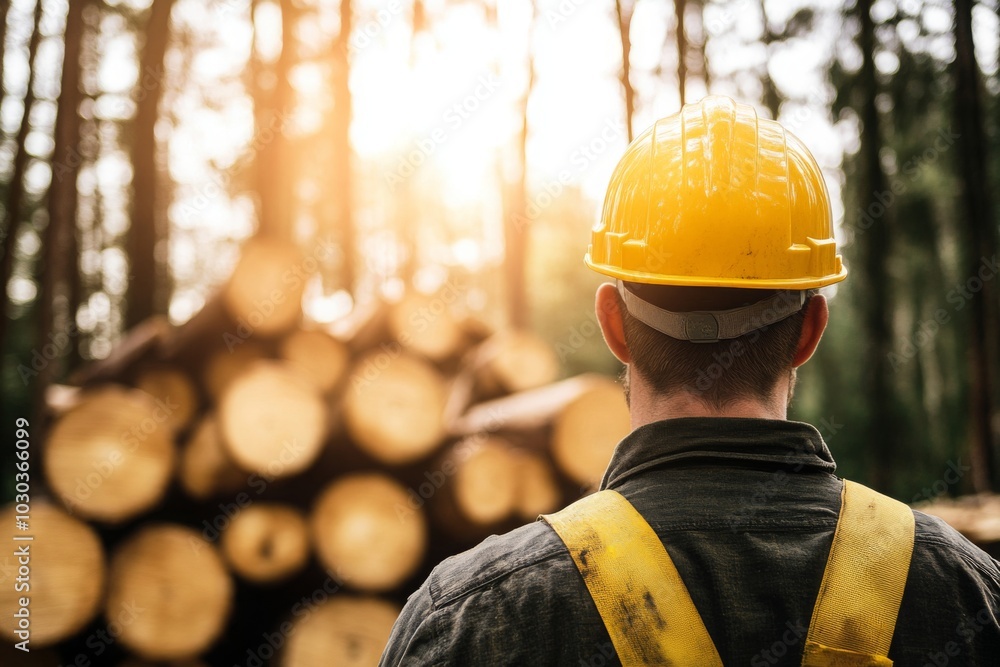 Poster lumberjack in a forest with a stack of logs