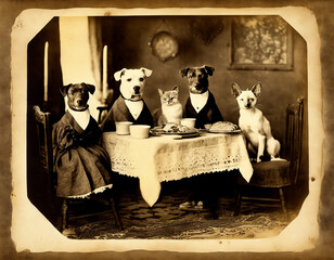A family of pets gathered around the dining table for lunch.