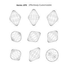 Wireframe shapes lined diamond rounded perspective mesh grid low poly 3D geometric retro futuristic set