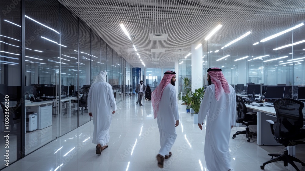 Poster a group of three men in traditional attire are walking through a sleek, contemporary office with gla