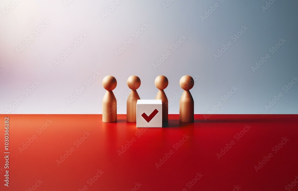 Poster four wooden figures stand in front of a white cube with a red check mark.
