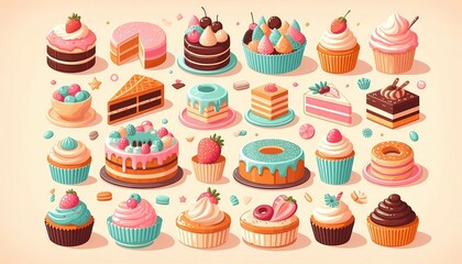 a cartoon illustration of a cake with a lot of different cakes.