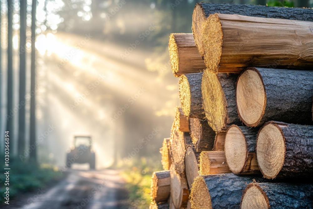 Poster sunlight illuminates a stack of logs in a forest