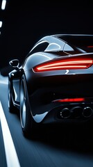 Sleek sports car in motion with blurred lights and dark tunnel background