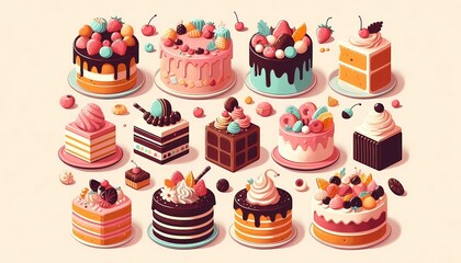 a cartoon illustration of a cake with a lot of different cakes.