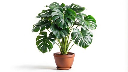 Obraz premium Wide-Angle Giant Monstera tree in flowerpot isolated on white background with clipping path
