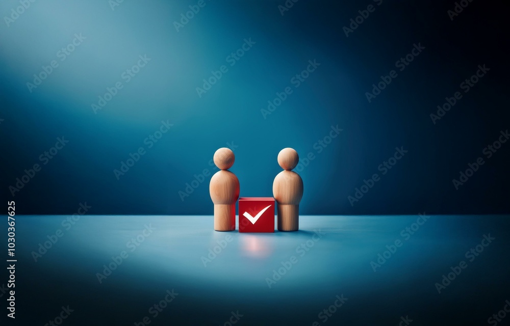 Poster two wooden figures stand on either side of a red cube with a white checkmark.
