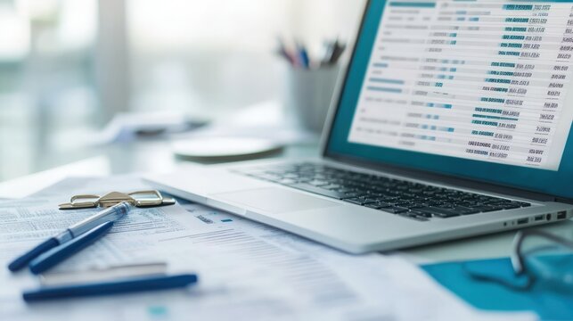 Close-up of a laptop screen showing medical bill codes on a spreadsheet. Office environment with financial papers and tech tools