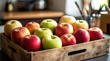 A collection of fresh apples arranged in a crate, each apple in a different color and size, displayed on a kitchen counter with a blurred background of kitchen utensils.