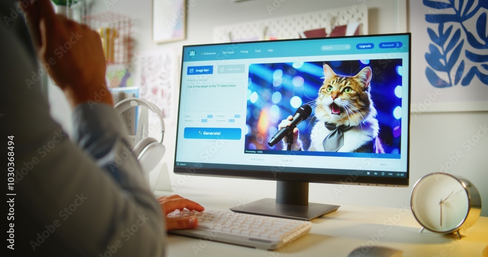 Poster man types prompt in ai image generator on computer. pc screen shows artificial intelligence generati