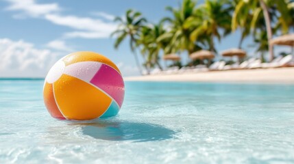 Obraz premium Vibrant beach ball floating in tropical paradise seascape