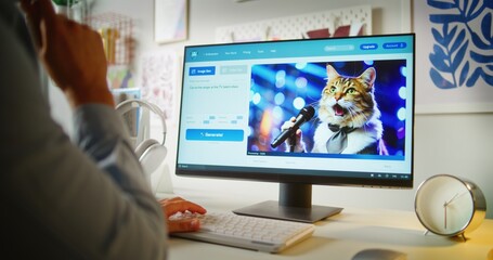 Man types prompt in AI image generator on computer. PC screen shows artificial intelligence...