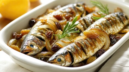Grilled Sardines with Onions and Raisins on Ceramic Plate