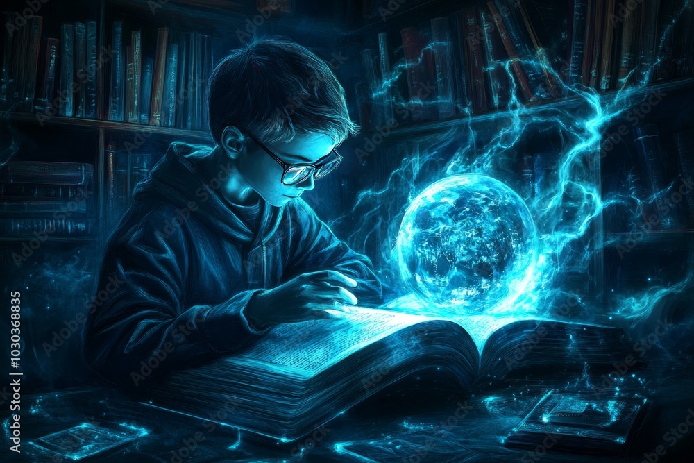 Poster boy reading a magical book in a dark room with glowing blue energy emanating from it symbolizing ima