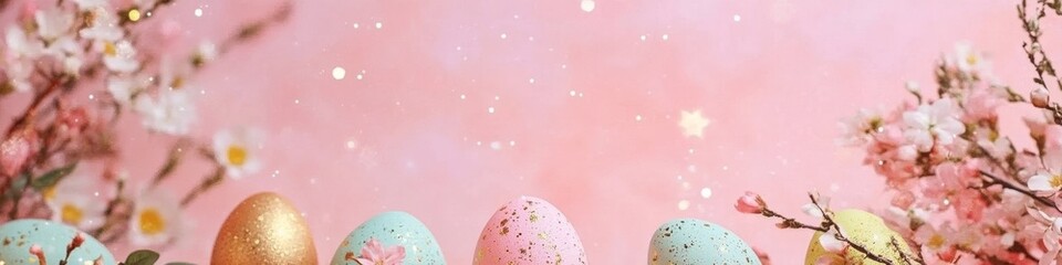 Fototapeta premium Easter illustration with painted eggs and bunnies. Spring Easter holiday. Eggs with Stunningly Detailed Floral Patterns. Easter banner