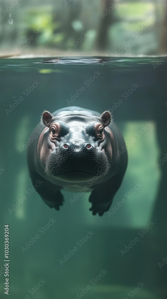 Poster from a distance, the camera captures the entire body of a pygmy hippo as it swims across a tranquil 