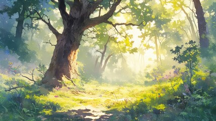 Fototapeta premium Serene Whimsical Forest Watercolor Painting
